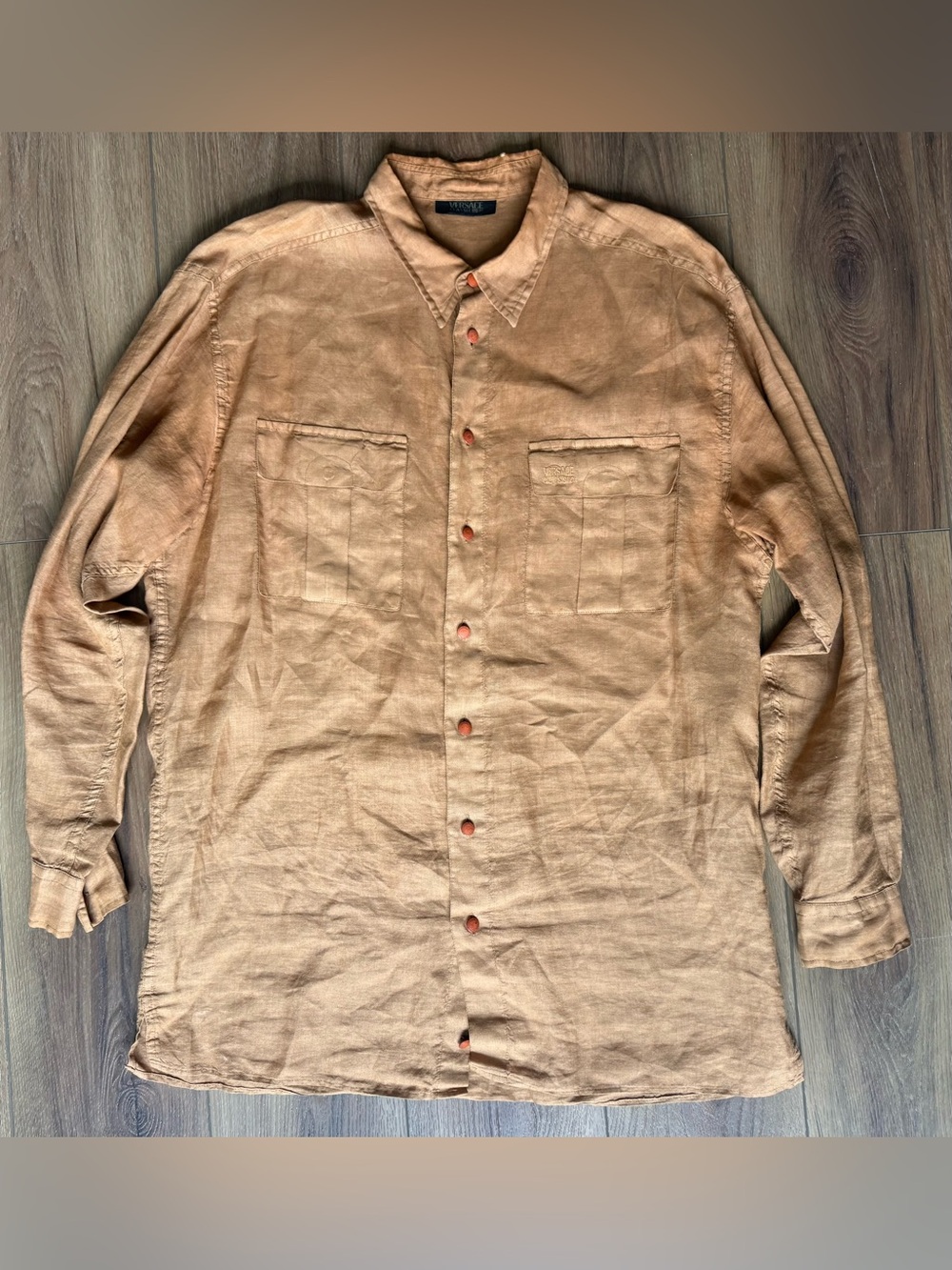 Versace Classic V-2 Brown Safari Linen Button Down Shirt